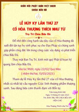 Thông báo: Lễ Huý kỵ lần thứ 27 cố Hoà Thượng Thích Như Từ - Trụ trì đời thứ III chùa Bửu Đà